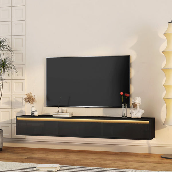 English Elm Floating Wall TV Stand with LED Touch Light, High-Gloss Black Cabinet, 3 Plugs 2 USB Ports, Cord Management W1321P176417