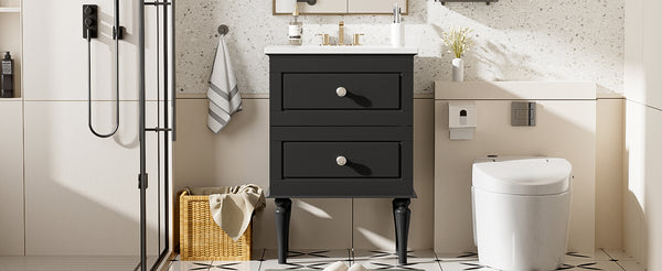English Elm 24'' French-Style Bathroom Vanity with Ceramic Sink, Black Long Legs, 2 Drawers, Moisture-Resistant Elegance N710P195621B