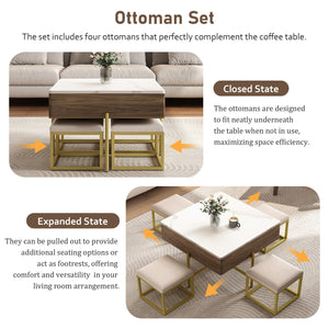 English Elm Modern Square Lift-Top Coffee Table Set with Hidden Storage, 4 Tuck-Away Ottomans, White Walnut Elegance CH192954AAK