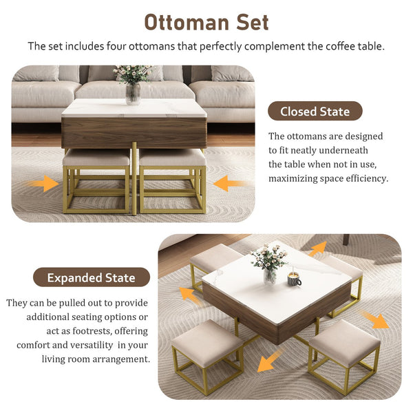 English Elm Modern Square Lift-Top Coffee Table Set with Hidden Storage, 4 Tuck-Away Ottomans, White Walnut Elegance CH192954AAK