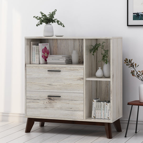 English Elm Christopher Knight Home® - CABINET mid-century modern faux wood storage console with splayed legs, drawers & cubby shelves Oak 67351.00SONOAK
