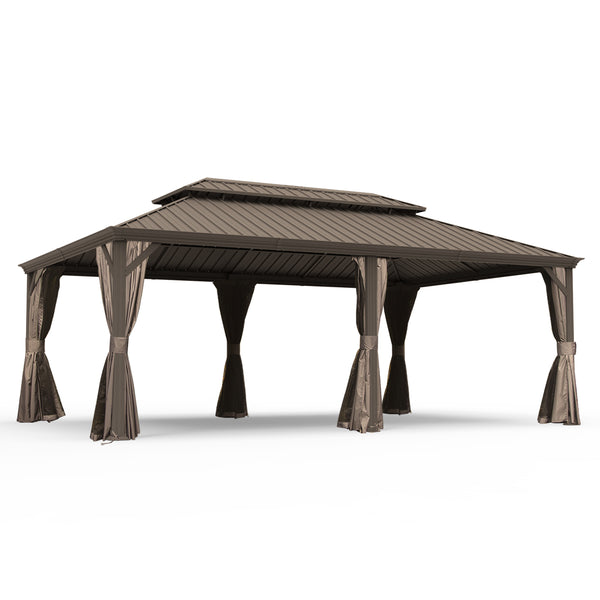 English Elm 14' X 24' Hardtop Gazebo - Durable Steel Roof, Integrated Drainage, Privacy Curtains & Insect Netting W1859S00154