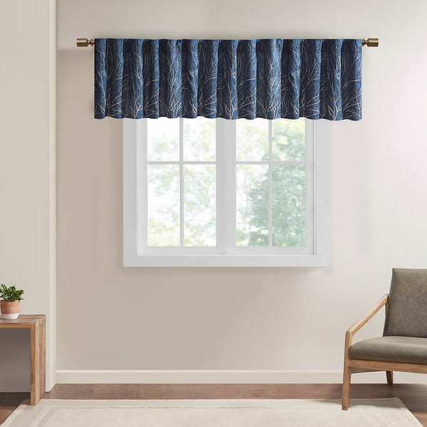 JLA Home Madison Park - Faux Embroidered Tree Branch Window Valance in Lustrous Silk-Look Fabric with Lined Privacy Drapery Navy MP41-4572