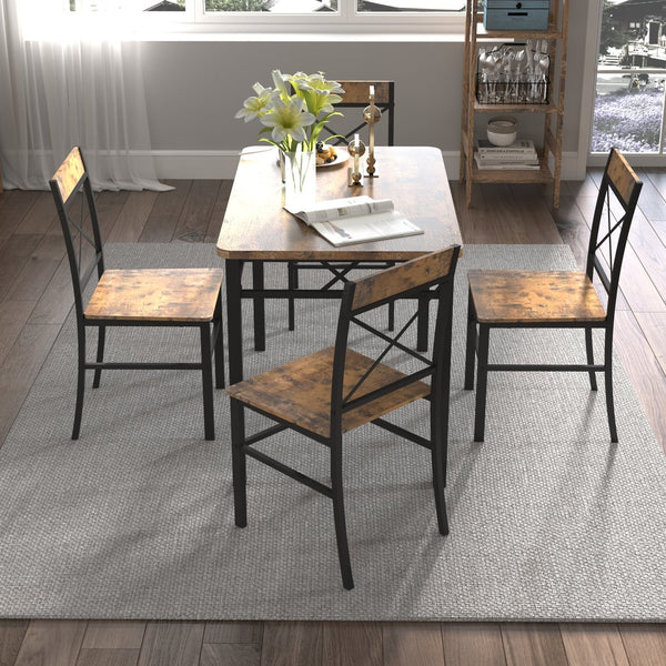 English Elm Dining Table Set for 4 Rustic MDF & Steel I-Frame | Compact Black+Brown Dining Set, Easy Clean, Cozy Comfort W2129P309909