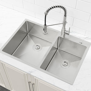English Elm 33"x19" Handcrafted Stainless Steel Double Bowl Overmount Kitchen Sink Satin Finish T3177P296190