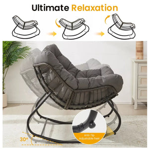 English Elm Dark Wicker Egg Rocking Chair with Ottoman Outdoor Pe Woven Patio Lounge Set Gray B082P455170
