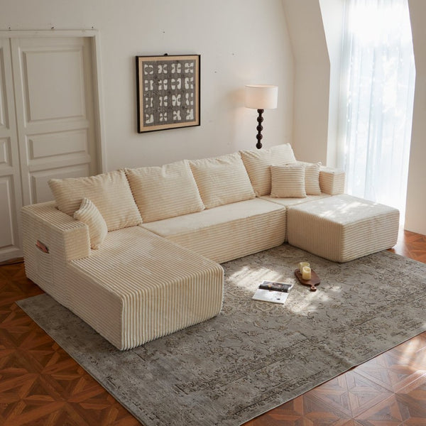 English Elm 133.86" Modular Cloud Sectional Corded Fabric U Shaped Sofa with Ottoman No Assembly W668S00010