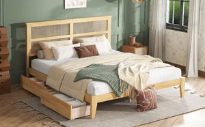English Elm King Rattan Bed with Two Under-Storage Drawers, Rubberwood Slats, Durable 600 lb Capacity Frame White Oak W504S00229