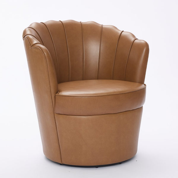 English Elm Light Brown Petal Swivel Chair — 360° Metal Base, Top-Grain Leather Wingback, Fluted Curve Accent Seat W570P375734