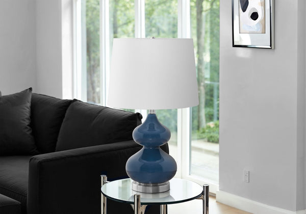 English Elm Lighting, Blue Glass Double Gourd Table Lamp with Ivory Shade for Bedside Ambiance B2710P221324