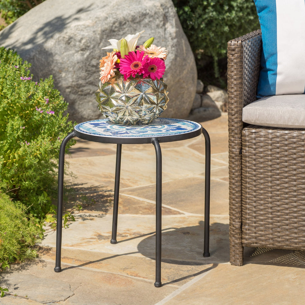 English Elm Christopher Knight Home® - SKYE Ceramic Tile End Table with Blue White Mosaic Top and Black Iron Arched Legs for Patio Chic 61301.00