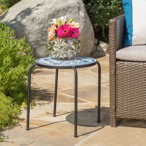English Elm Christopher Knight Home® - SKYE Ceramic Tile End Table with Blue White Mosaic Top and Black Iron Arched Legs for Patio Chic 61301.00