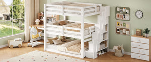 English Elm Full Size Triple Bunk Bed Solid Pine Frame with Storage Staircase Separate Convertible Design White N7090000477K