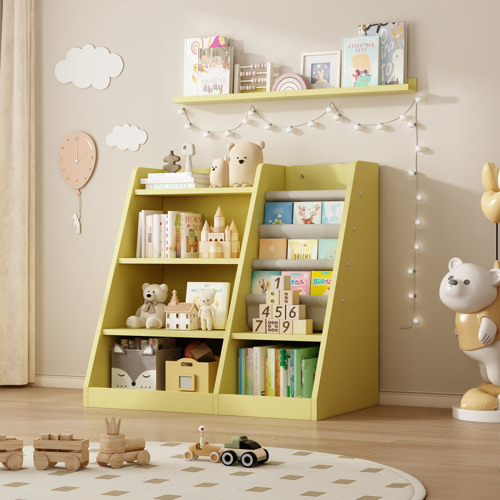 English Elm Yellow Toddler Wooden Bookcase with 4-Tier Sling Pockets Montessori Kids Storage Shelf for Playroom W2876P233539