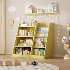 English Elm Yellow Toddler Wooden Bookcase with 4-Tier Sling Pockets Montessori Kids Storage Shelf for Playroom W2876P233539