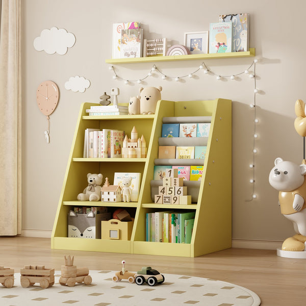 English Elm Yellow Toddler Wooden Bookcase with 4-Tier Sling Pockets Montessori Kids Storage Shelf for Playroom W2876P233539