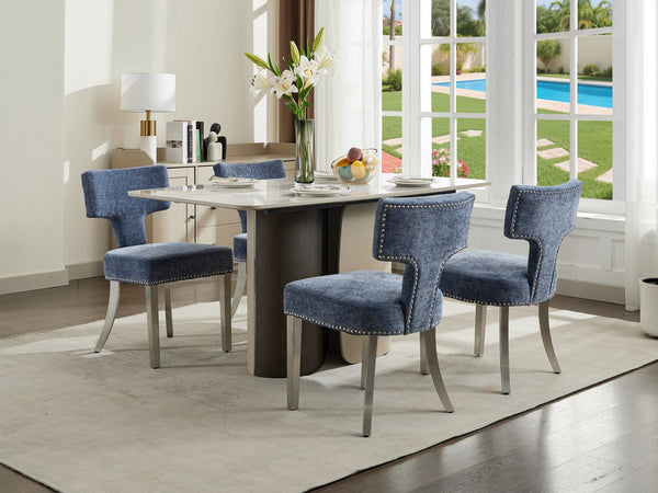 English Elm Mid Century Modern Dining Chairs with Copper Nail Trim, Plush High-Density Foam Seats, Brushed Steel Legs Blue W1143P314901