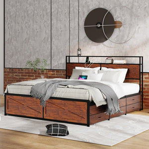 English Elm King Bed Frame with LED Headboard, 12 Under-Bed Drawers, Built-In Charging Station, Sturdy Metal Slats Rustic Brown W636S00005