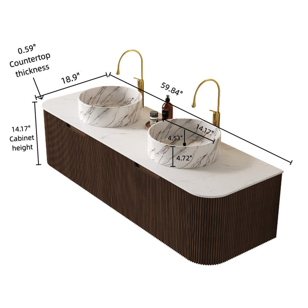 English Elm Dina 60" Wall-Mounted Bathroom Vanity With Curved Sinks, Dark Walnut Cabinet & Soft-Close Drawers W2615S00497