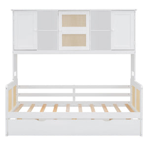 English Elm Twin Size Wooden Daybed With Trundle, Integrated Storage Cabinet & Modern White Finish For Space-Saving N820S00048K-GIGA