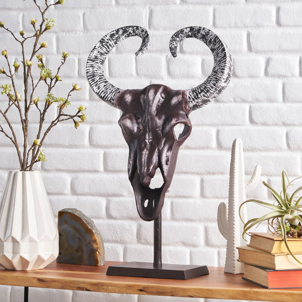 English Elm Christopher Knight Home® - Taurus Aluminum Bull Skull on Stand — Handcrafted Bronze Whitewash Accent Decor, Rustic Southwest Centerpiece 68772.00
