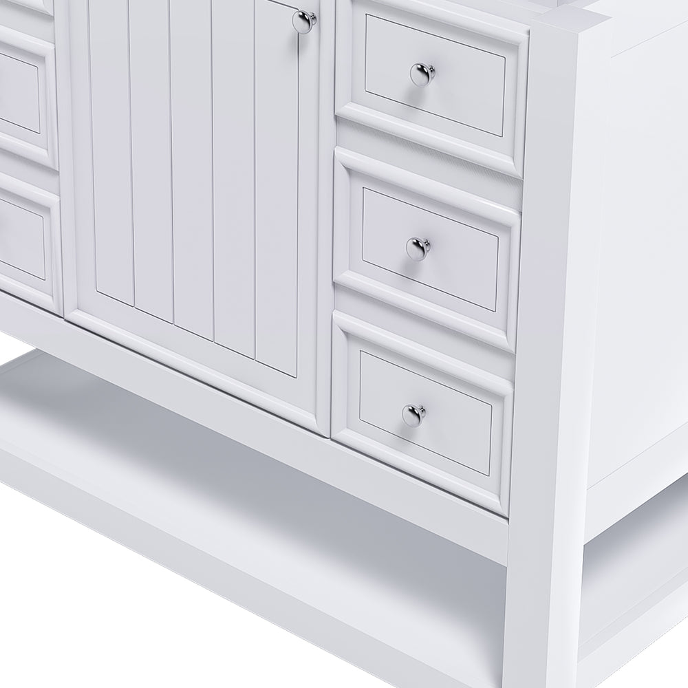 English Elm 36-inch white bathroom vanity without sink — solid wood frame, 1 cabinet, 3 drawers, quiet hardware, shelf W509P347341