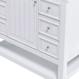 English Elm 36-inch white bathroom vanity without sink — solid wood frame, 1 cabinet, 3 drawers, quiet hardware, shelf W509P347341