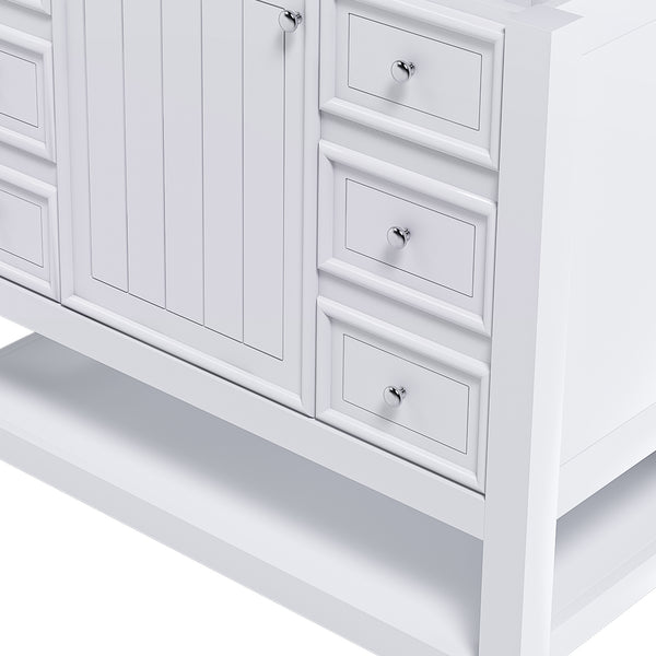 English Elm 36-inch white bathroom vanity without sink — solid wood frame, 1 cabinet, 3 drawers, quiet hardware, shelf W509P347341