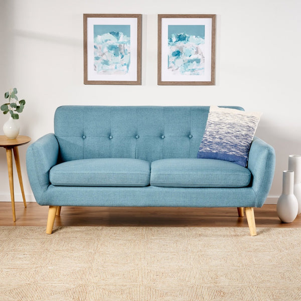 English Elm 67.25" Button Tufted Mid-century Loveseat with Rubberwood Legs for Compact Living Spaces Blue N771P371392U
