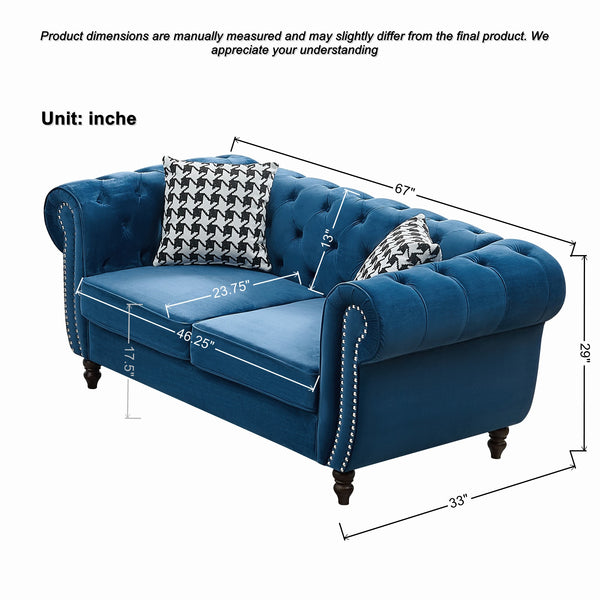 English Elm 67"Chesterfield Velvet 2-Seater Sofa with Nailhead Trim, Roll Arms, Hardwood Frame, Luxurious Comfort Blue W3373S00050