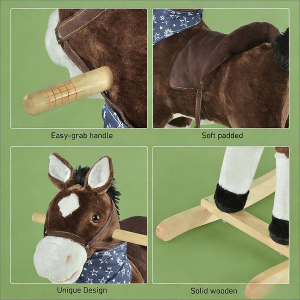 English Elm Ride-on Cowboy Rocking Horse with Plush Body Realistic Sounds and Wooden Base T3971P442347