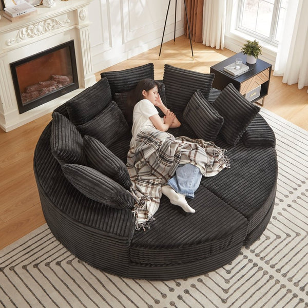 English Elm 78.5-inch Corduroy Round Convertible Recliner Sofa Bed with Neck Support and Throw Pillows Black W834S00563