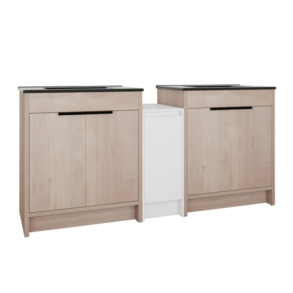 English Elm 72 Inch Freestanding Bathroom Vanity Set With Black Ceramic Sinks, Soft-Close Doors & Storage Solutions W999S00319