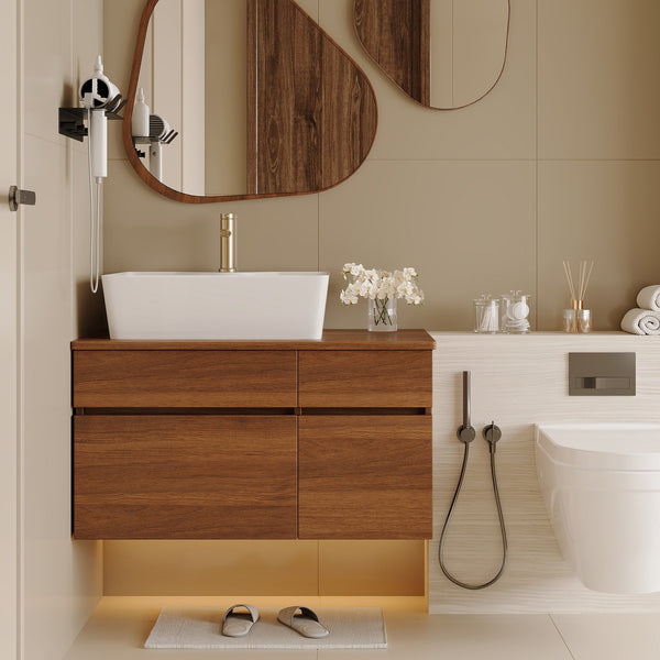 English Elm 31.5 Modern Floating Bathroom Vanity with Vessel Sink, Walnut Finish, Drawer Storage & Bracket Included White+Walnut W3136S00021