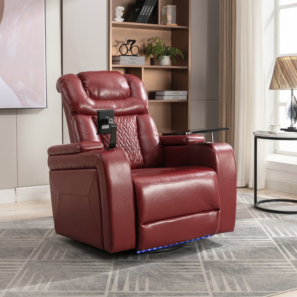 English Elm 270 270 Degree Swivel PU Leather Power Recliner Chair with Tray Table, Cup & Phone Holders, USB Port, Hidden Storage, Infinite Positions for Home Theater Red N719S001190J