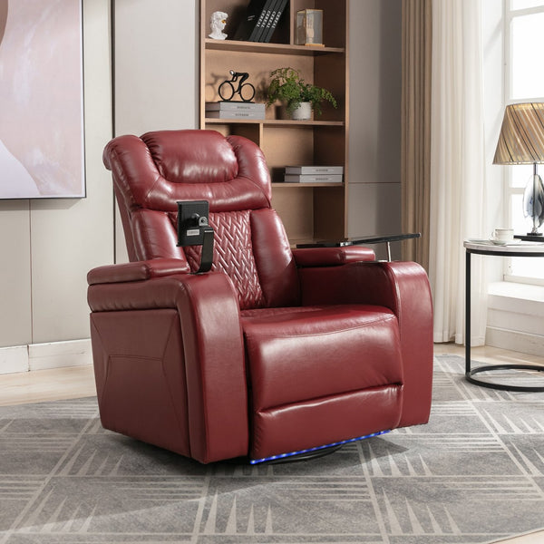 English Elm 270 270 Degree Swivel PU Leather Power Recliner Chair with Tray Table, Cup & Phone Holders, USB Port, Hidden Storage, Infinite Positions for Home Theater Red N719S001190J