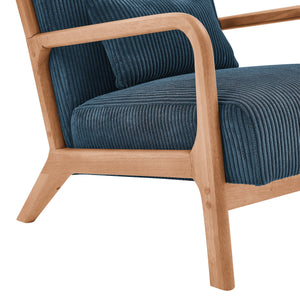 English Elm Wooden Lounge Chair with Scandinavian Solid Wood Frame, Plush Ribbed Corduroy Upholstery & Lumbar Support Blue B343P328597