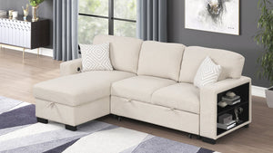 English Elm Pinto Reversible Sectional Sofa with Sleeper, Storage Chaise, Drop-Down Tray, USB Ports, Shelves Beige B009S01472