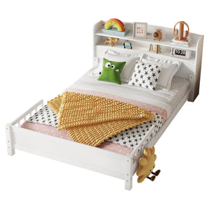 English Elm Full Pine Wood Bed with Bookcase Headboard and LED Motion Sensor Light, Guardrails & Storage Space White W504P277600