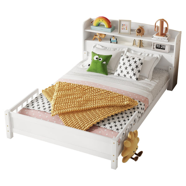 English Elm Full Pine Wood Bed with Bookcase Headboard and LED Motion Sensor Light, Guardrails & Storage Space White W504P277600