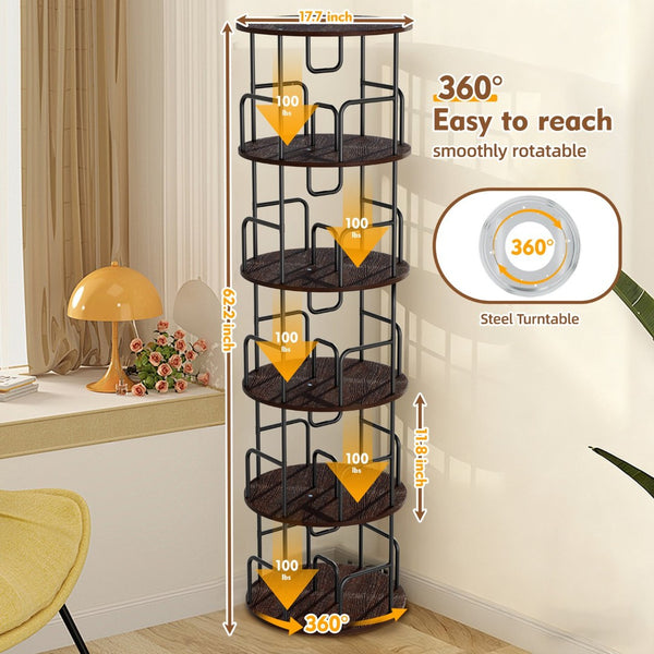English Elm Rotating 5 Tier Spinning Bookcase Tower Slim 360 Degree Turntable Metal Frame Organizer Walnut Brown W3166P367347