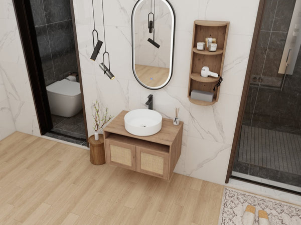 English Elm 30" Floating Bathroom Vanity Oak Finish Ceramic Vessel Sink Soft Close Plywood Cabinet W999S00501