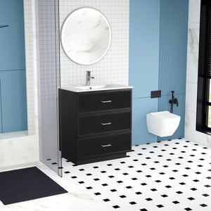 English Elm 30 Inch Bathroom Vanity With Ceramic Sink Combo - Modern Black Freestanding Storage Cabinet Set W1550S00047