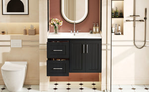 English Elm 36'' Wall Mounted Bathroom Vanity with Ceramic Sink, Solid Wood & MDF Floating Cabinet with Drawers Black N710P293299B