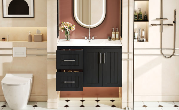 English Elm 36'' Wall Mounted Bathroom Vanity with Ceramic Sink, Solid Wood & MDF Floating Cabinet with Drawers Black N710P293299B