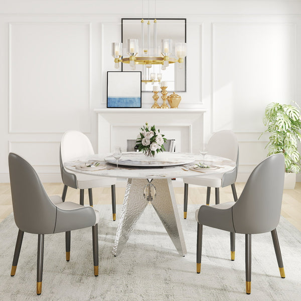 English Elm 59.05" Round Marble Dining Table - Elegant Silver Base, Durable White Sintered Stone, Seats 6-8 W1535S00464