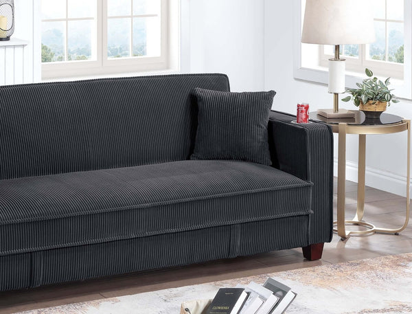 English Elm 1pc Corduroy Convertible Sofa with Storage Base Usb Port Cup Holders Wood Legs Black B011P430418