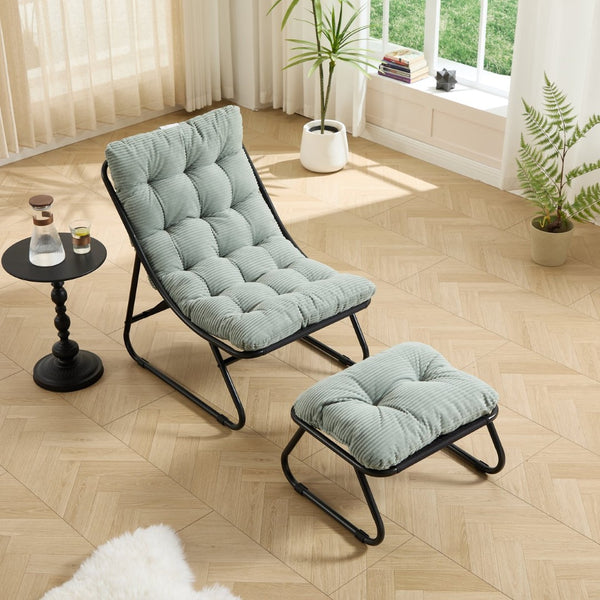 English Elm Patio Steel Sling Recliner with Corduroy Cushion and Ottoman for Indoor Outdoor Use W640P443496