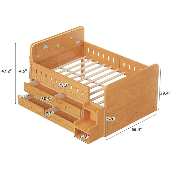 English Elm Wooden Full Bed Frame with Led Headboard Four Storage Drawers and Ladder Shelf Wood N7090004028D