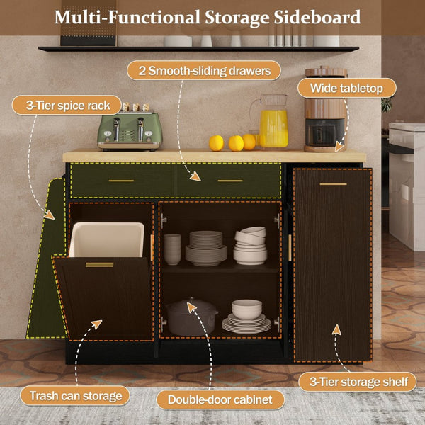 English Elm Trexm Farmhouse Kitchen Sideboard with Hidden Trash Cabinet and Built-in Spice Rack Black XW000027AAB